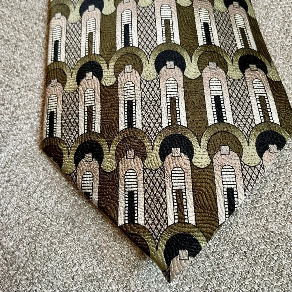Franco Botia Vintage Art Deco 100% Silk Black Brown Green Champagne Classic Tie